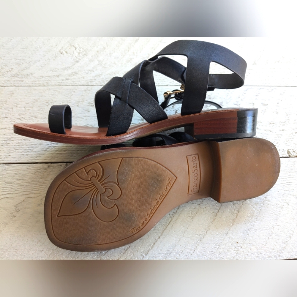 Franco Sarto Ina Black Strappy Leather Sandals with Brown Footbed 8.5 - Picture 11 of 14